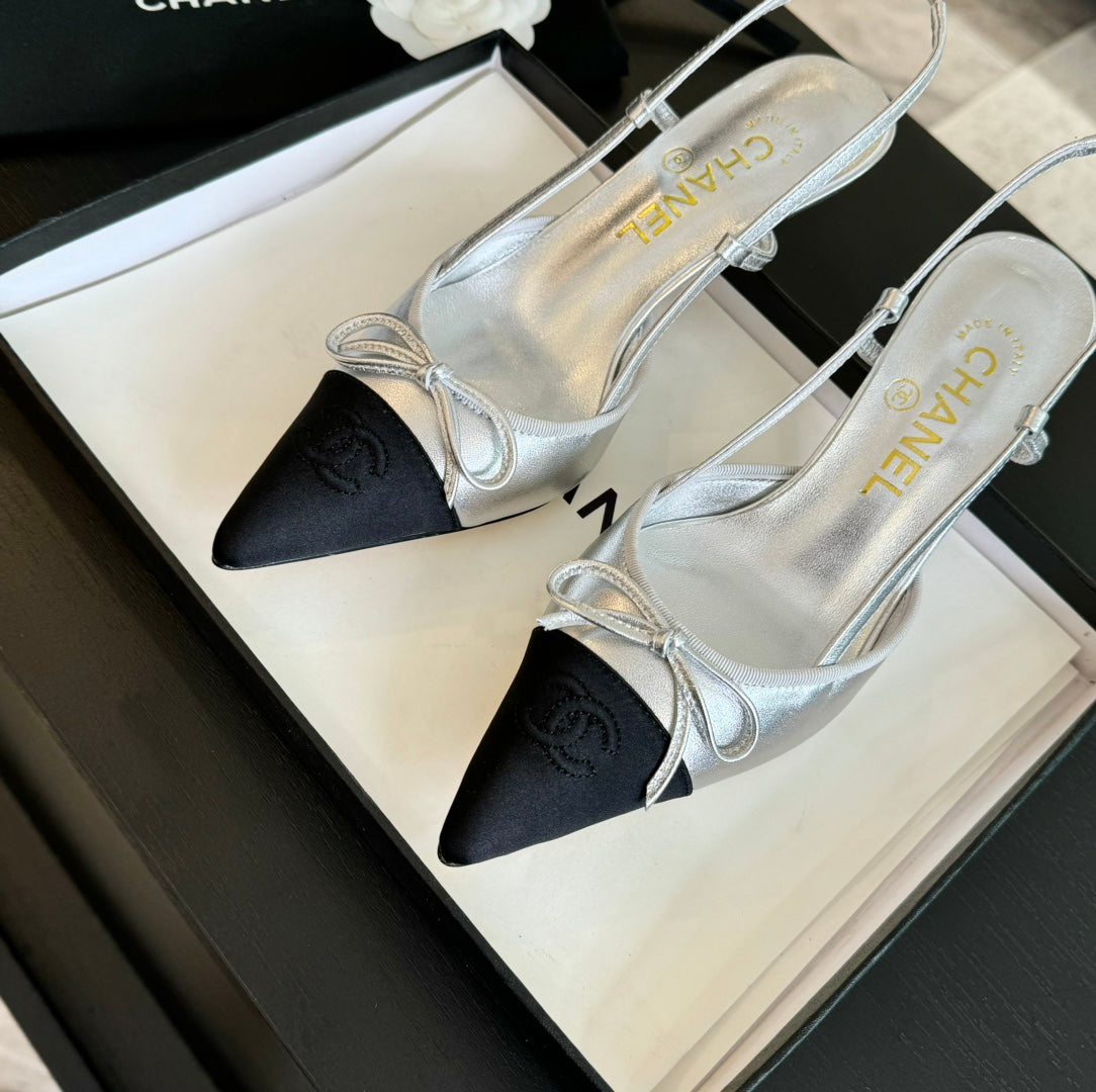 Chanel Slingback with Bow in Silver Mix Black Lambskin