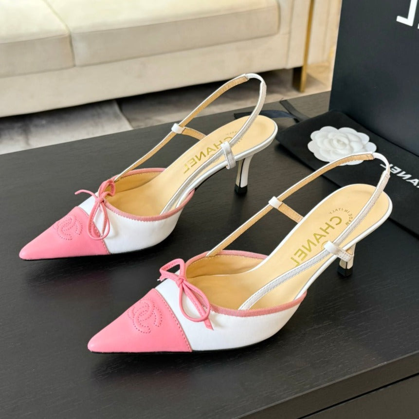 Chanel Slingback with Bow in Light Pink Mix White Lambskin