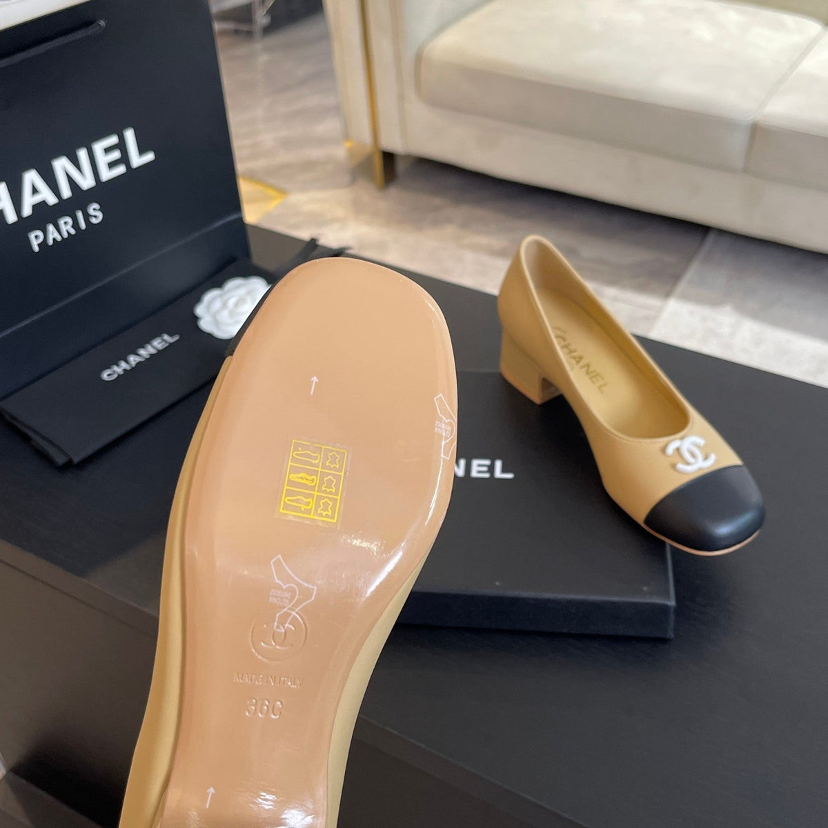 Chanel Pump Dark Cream Mix Black Calfskin
