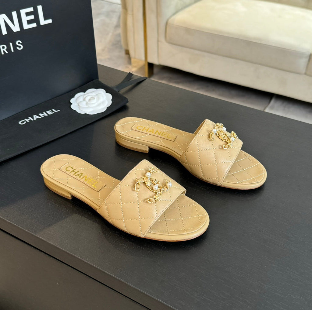 Chanel Slippers Beige Cream Quilted Lambskin