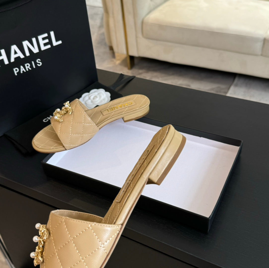 Chanel Slippers Beige Cream Quilted Lambskin