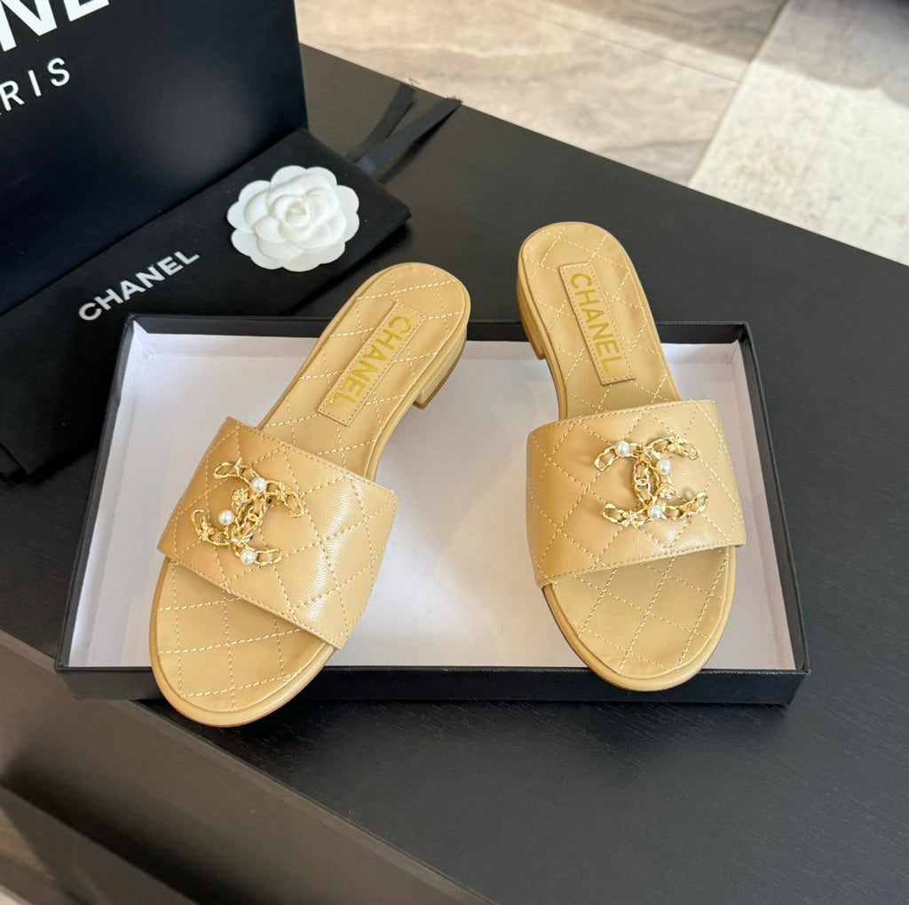 Chanel Slippers Beige Cream Quilted Lambskin
