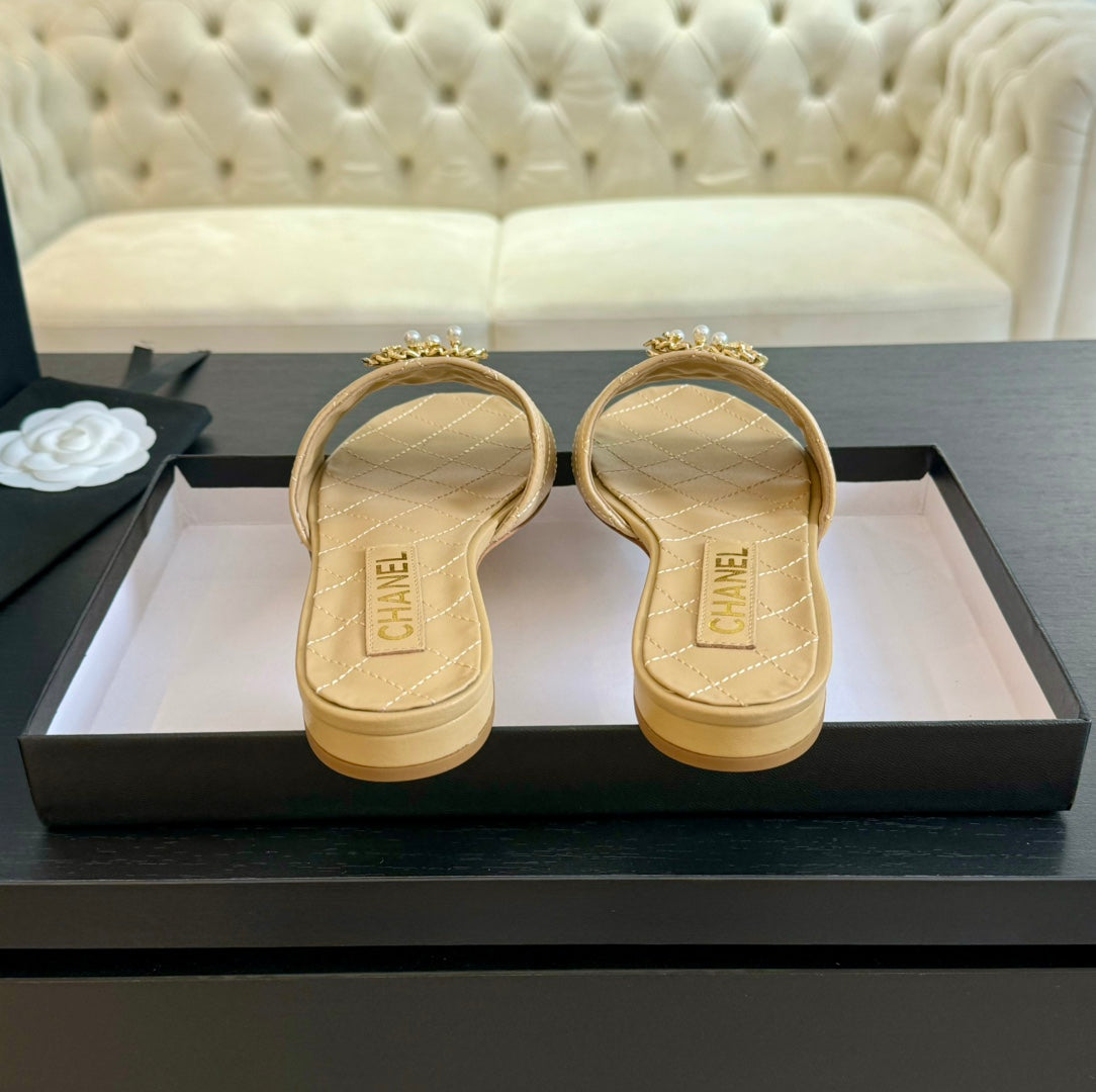 Chanel Slippers Beige Cream Quilted Lambskin