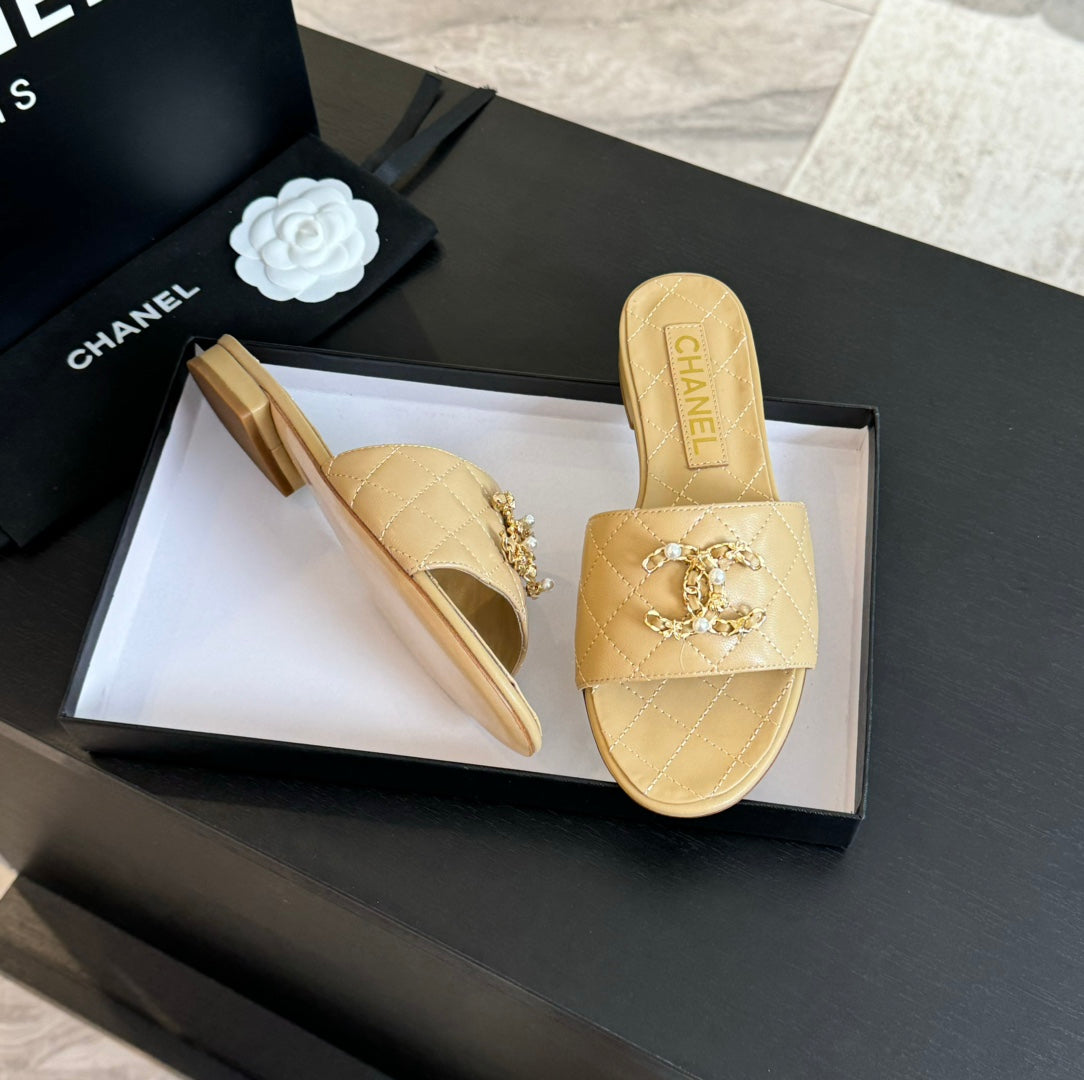 Chanel Slippers Beige Cream Quilted Lambskin