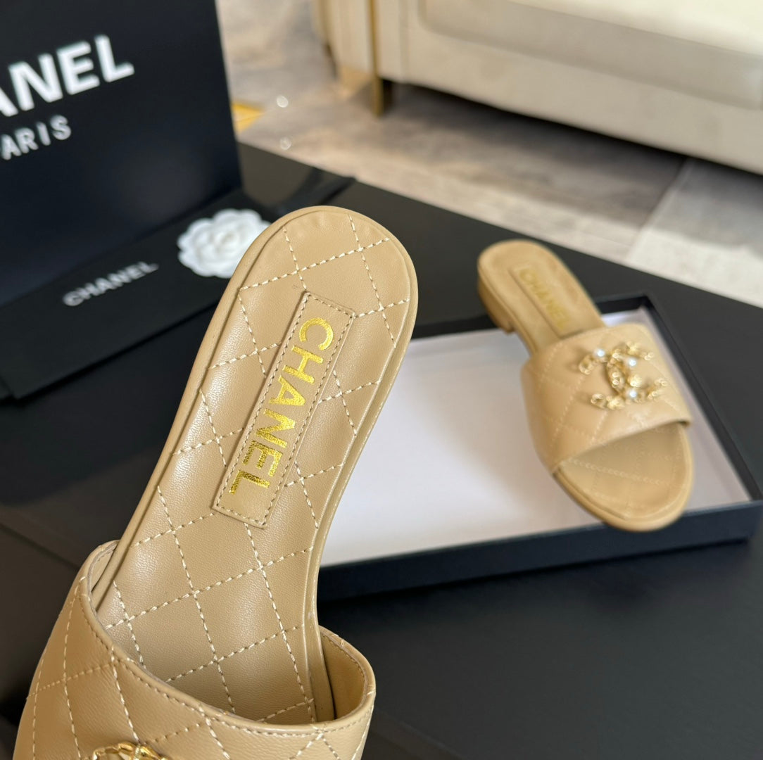 Chanel Slippers Beige Cream Quilted Lambskin