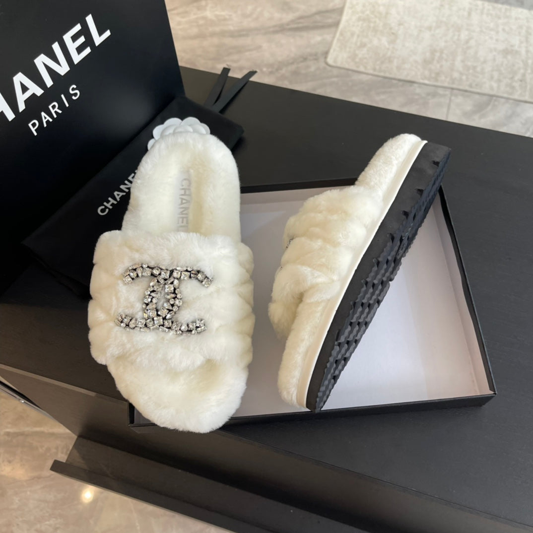 Chanel Slippers in White Fur