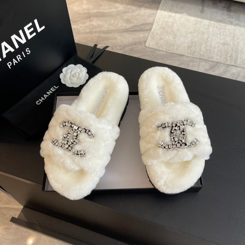 Chanel Slippers in White Fur