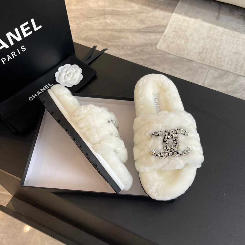 Chanel Slippers in White Fur