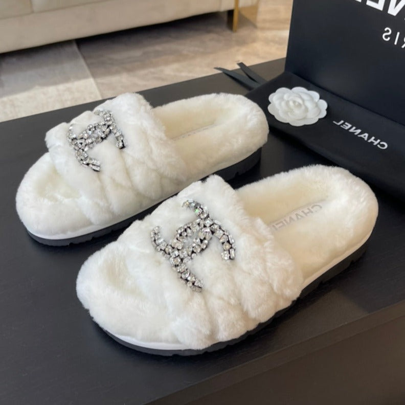 Chanel Slippers in White Fur