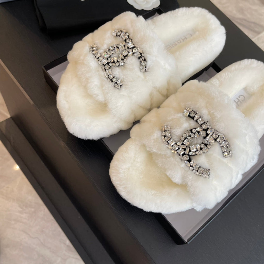 Chanel Slippers in White Fur