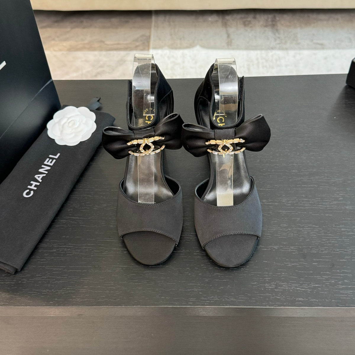 Chanel High Sandal Open Toe in Black Satin