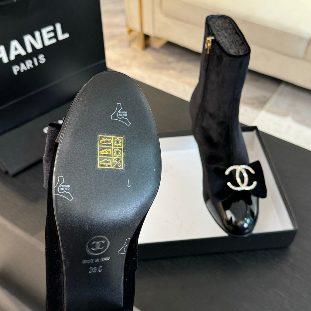 Chanel Short Boots in Black Velvet and Lambskin