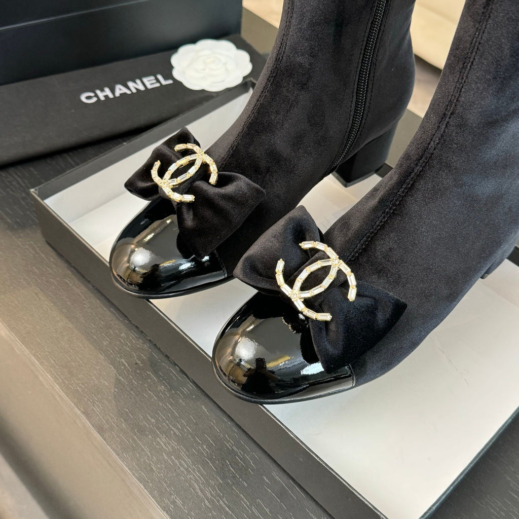 Chanel Short Boots in Black Velvet and Lambskin