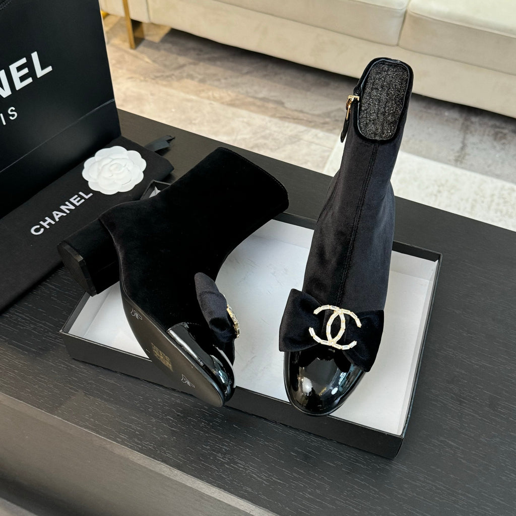 Chanel Short Boots in Black Velvet and Lambskin