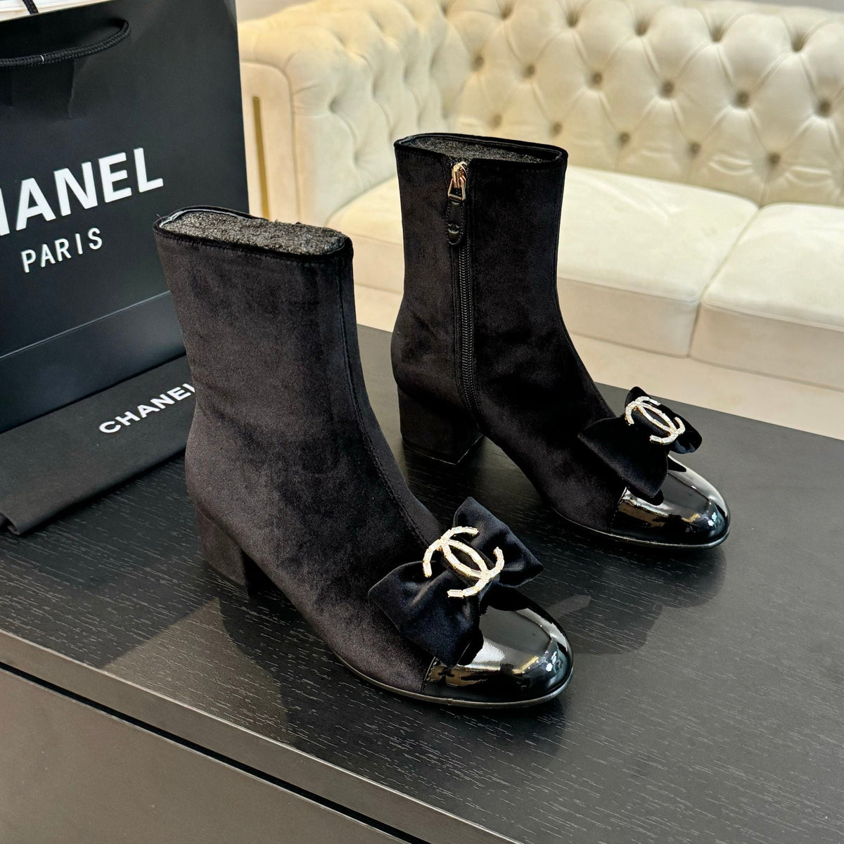 Chanel Short Boots in Black Velvet and Lambskin
