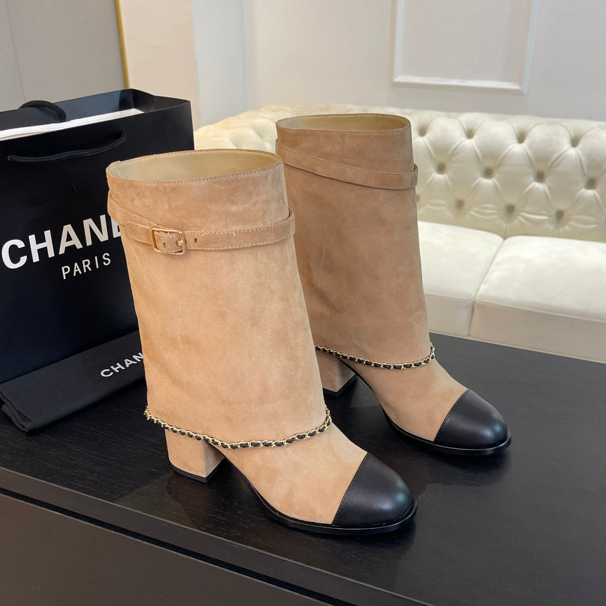 Chanel Short Boots 6.5 cm in Cider Brown Suede and Black Calfskin