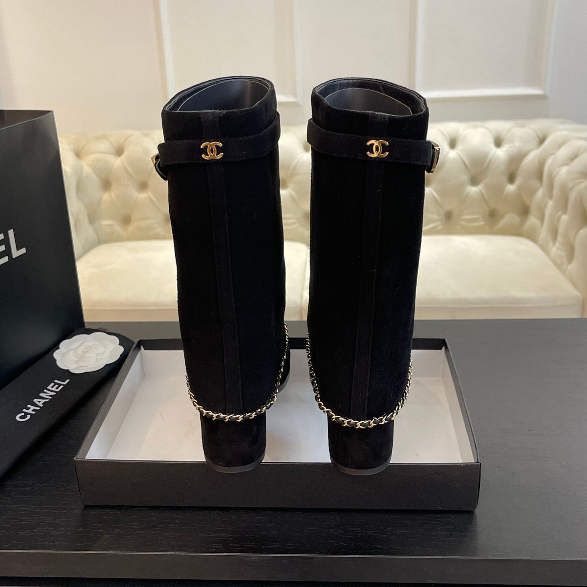Chanel Short Boots 6.5 cm in Black Suede and Calfskin