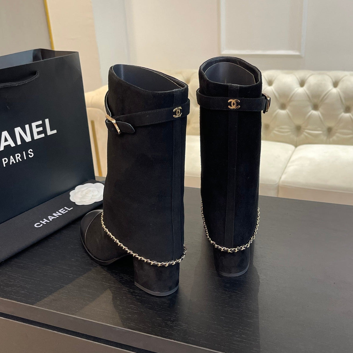 Chanel Short Boots 6.5 cm in Black Suede and Calfskin