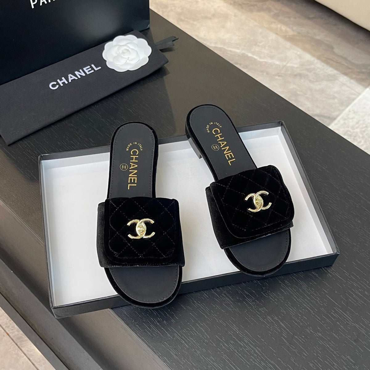 Chanel Flat Mule in Black Velvet