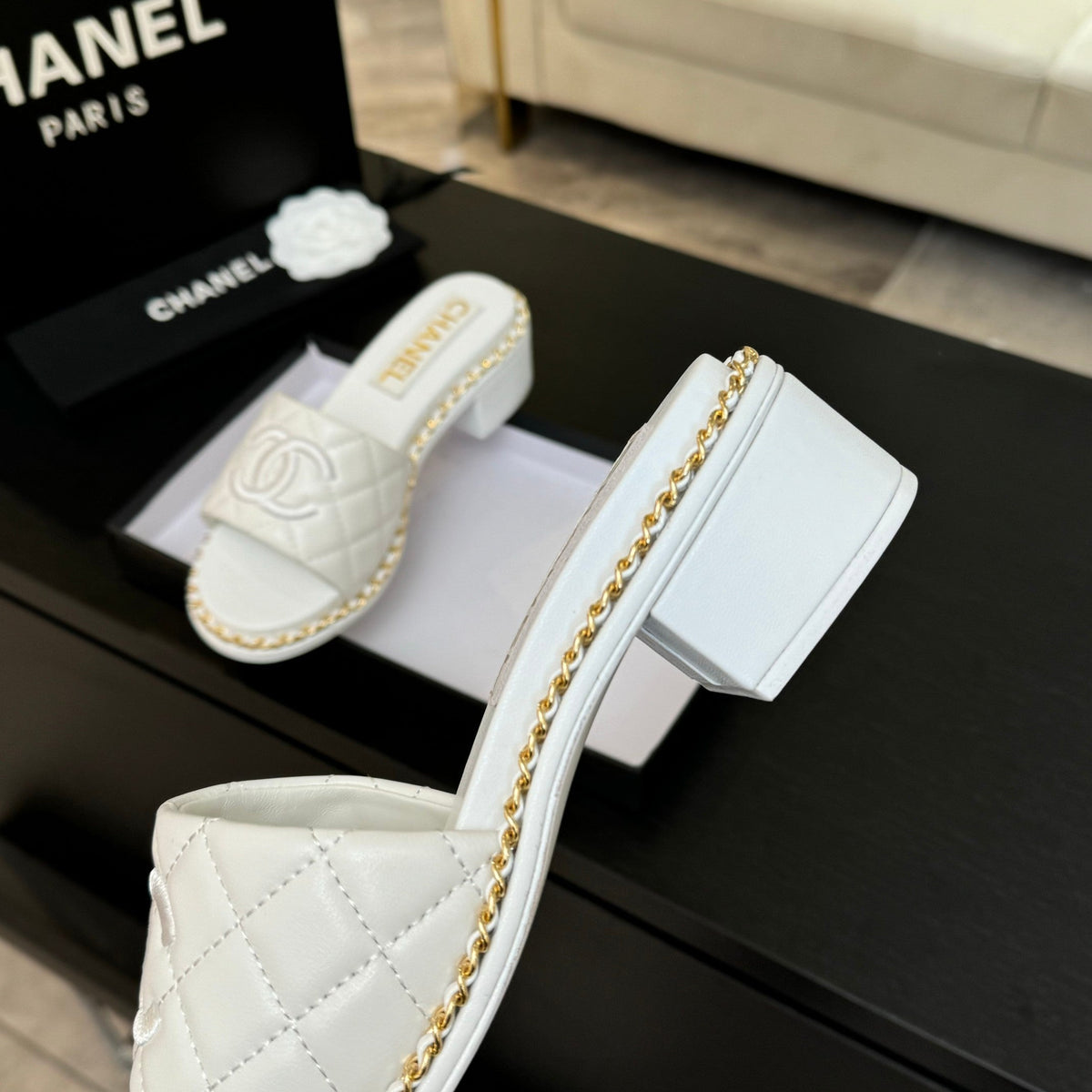Chanel High Flatform Slipper in White Embossed Sheepskin
