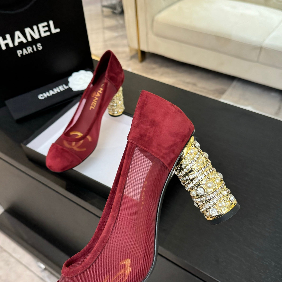 Chanel High Heel 85 mm Sandals in Cherry Red Suede and Mesh