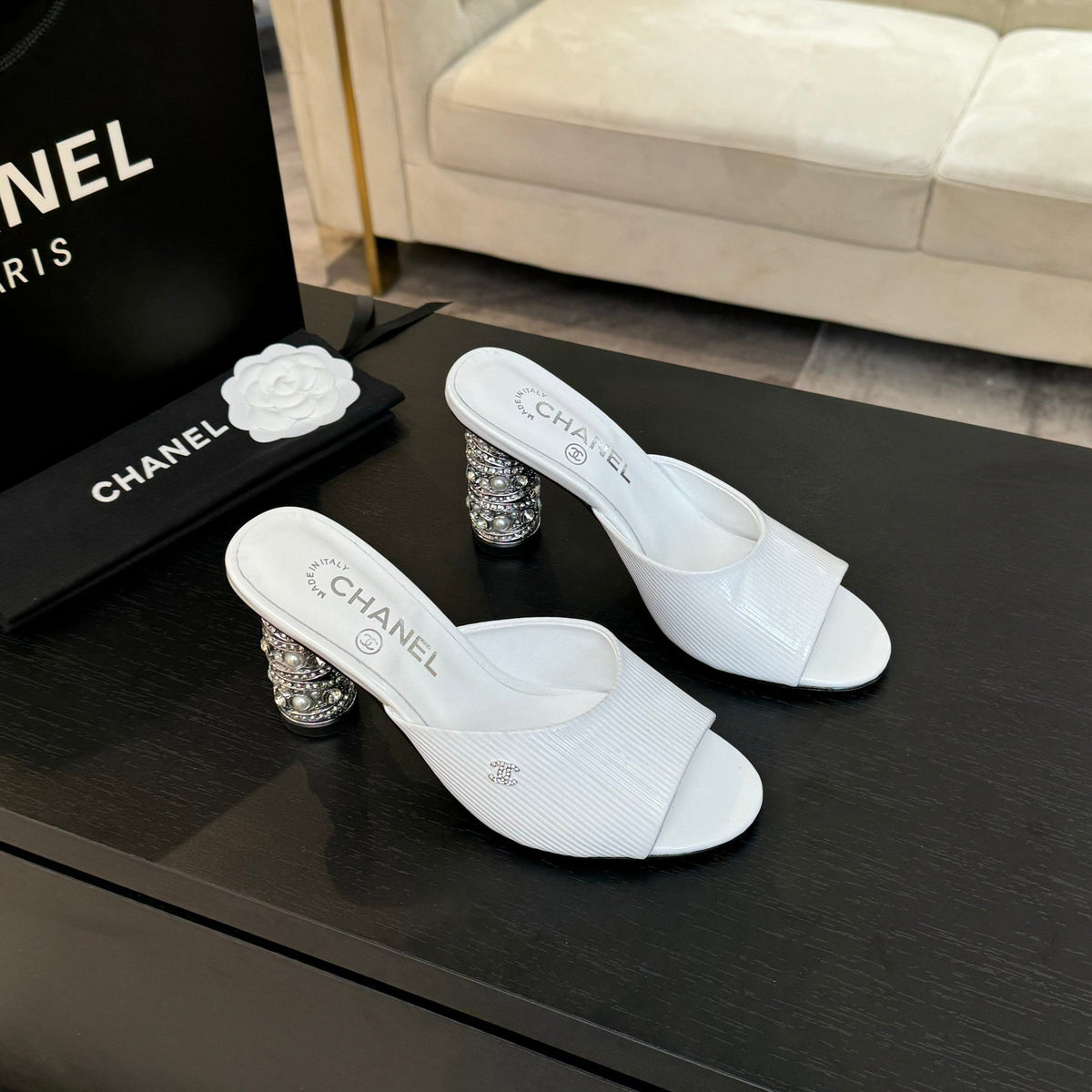 Chanel T-Strap Pearl Heel 85 mm Sandals in White Lambskin Mule
