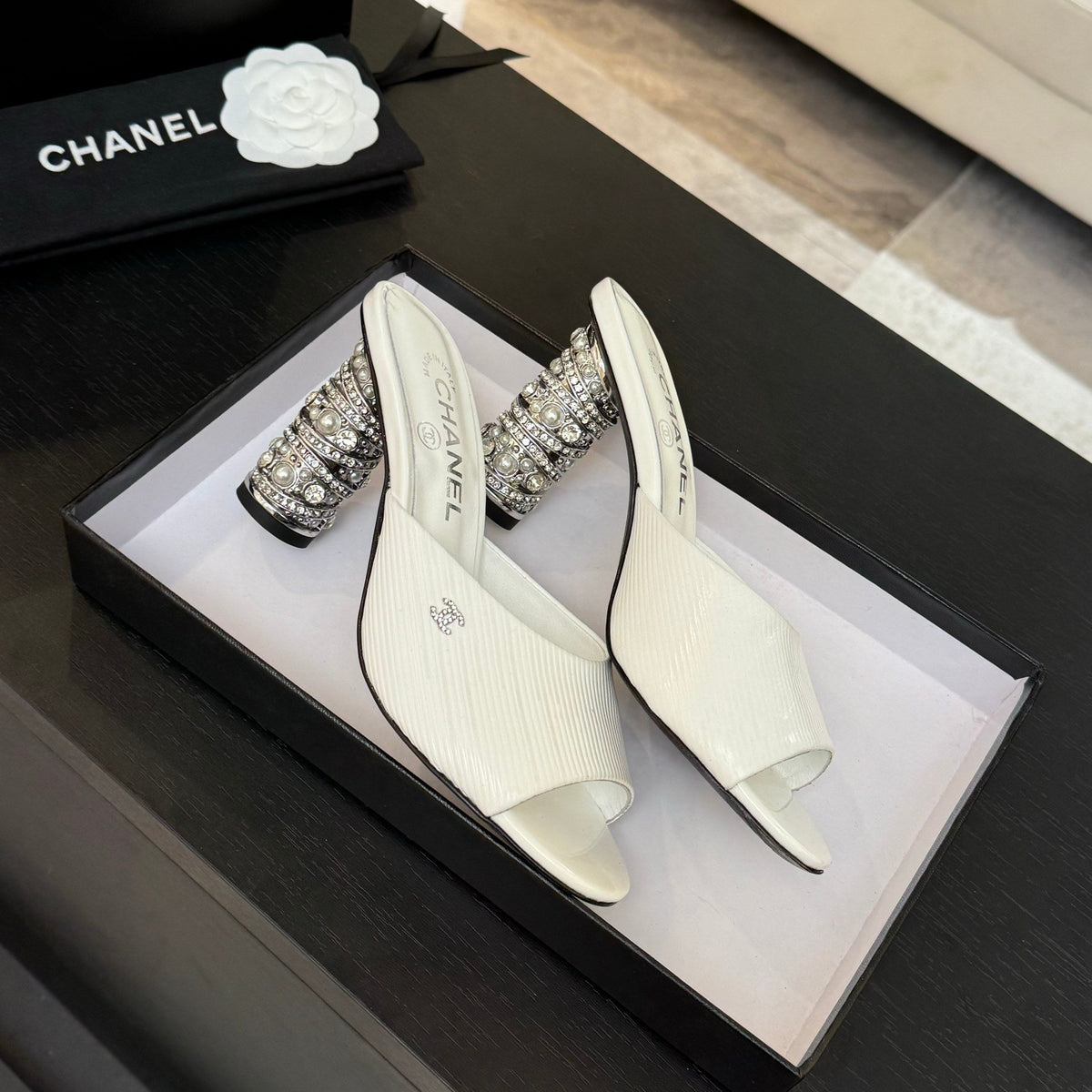 Chanel T-Strap Pearl Heel 85 mm Sandals in White Lambskin Mule