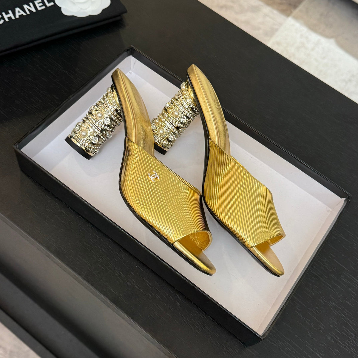 Chanel T-Strap Pearl Heel 85 mm Sandals in Gold Lambskin Mule