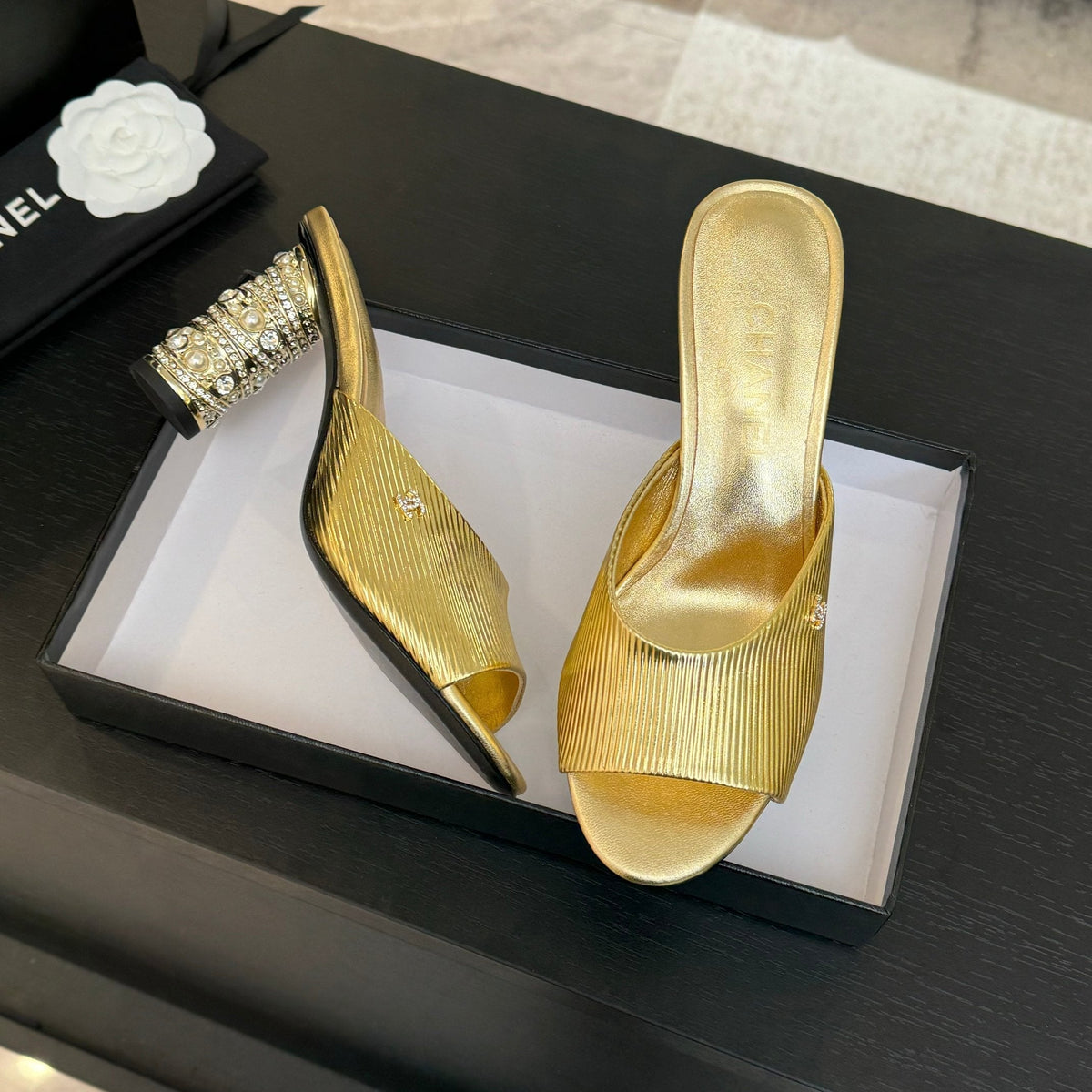 Chanel T-Strap Pearl Heel 85 mm Sandals in Gold Lambskin Mule