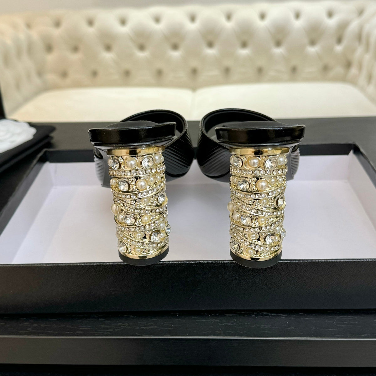 Chanel T-Strap Pearl Heel 85 mm Sandals in Black Lambskin Mule