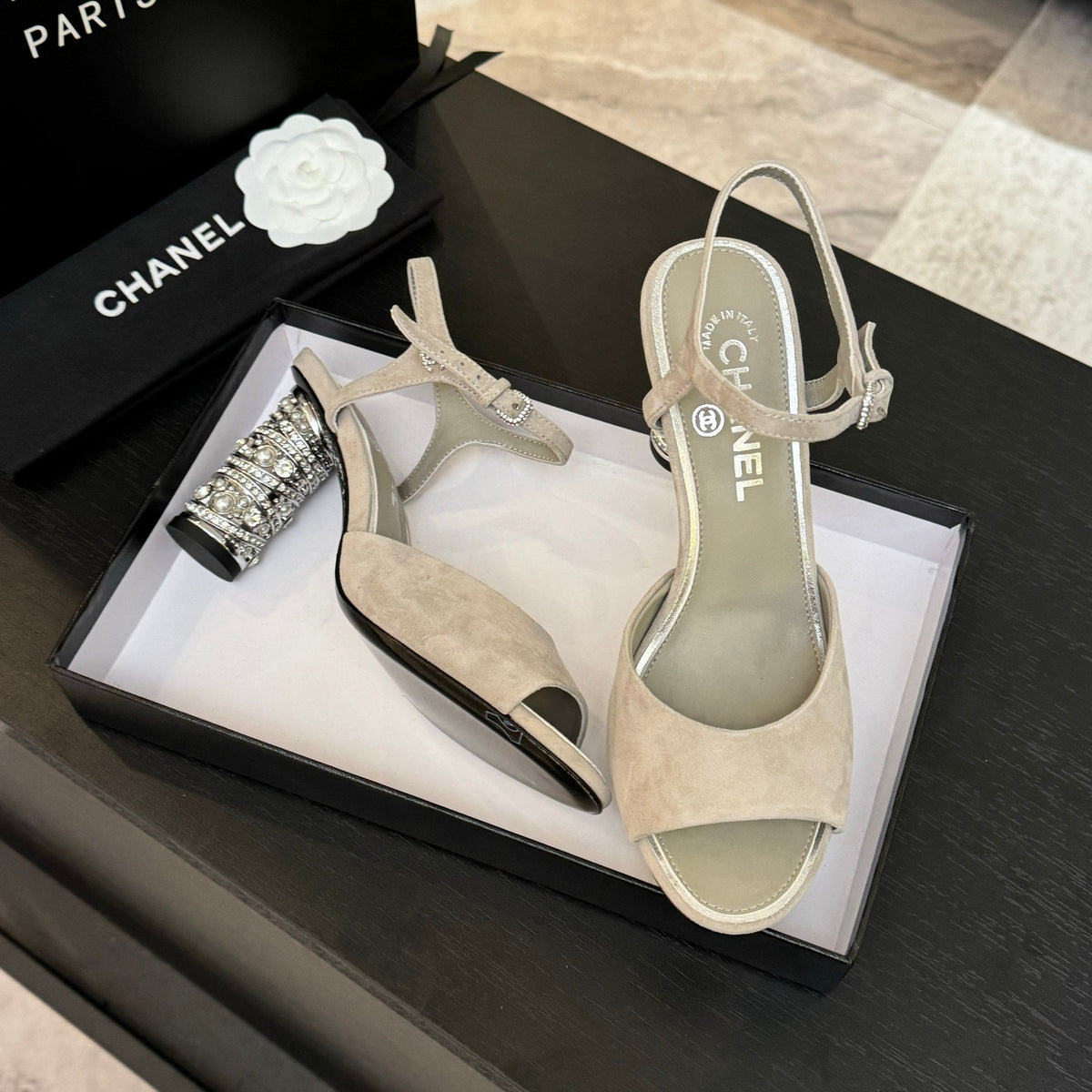 Chanel T-Strap Pearl Heel 85 mm Sandals in Pastel Gray Suede