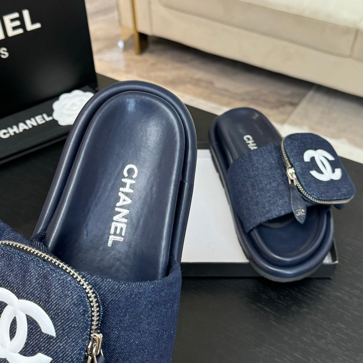 Chanel Slide in Navy Blue Denim Fabric 45 mm