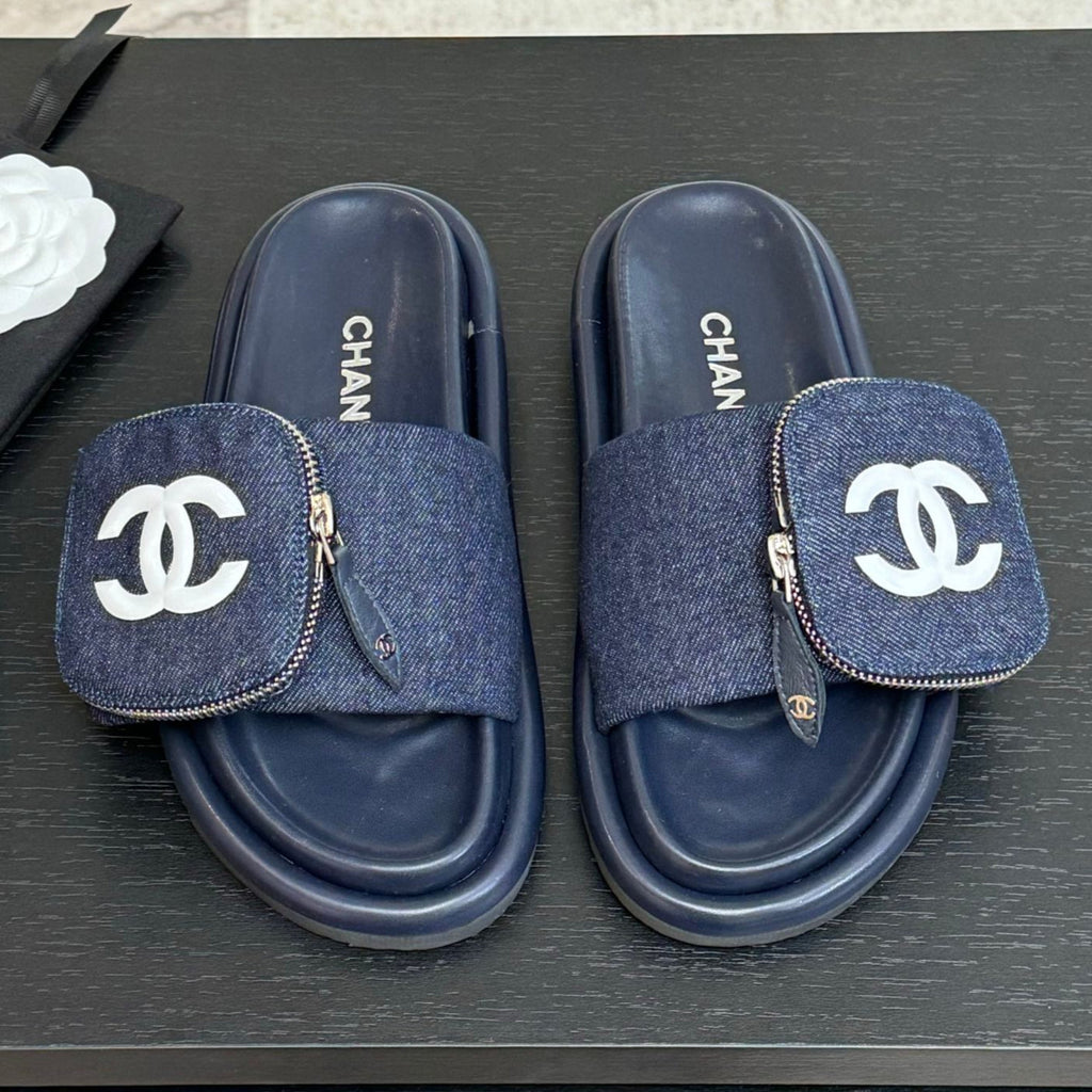 Chanel Slide in Navy Blue Denim Fabric 45 mm