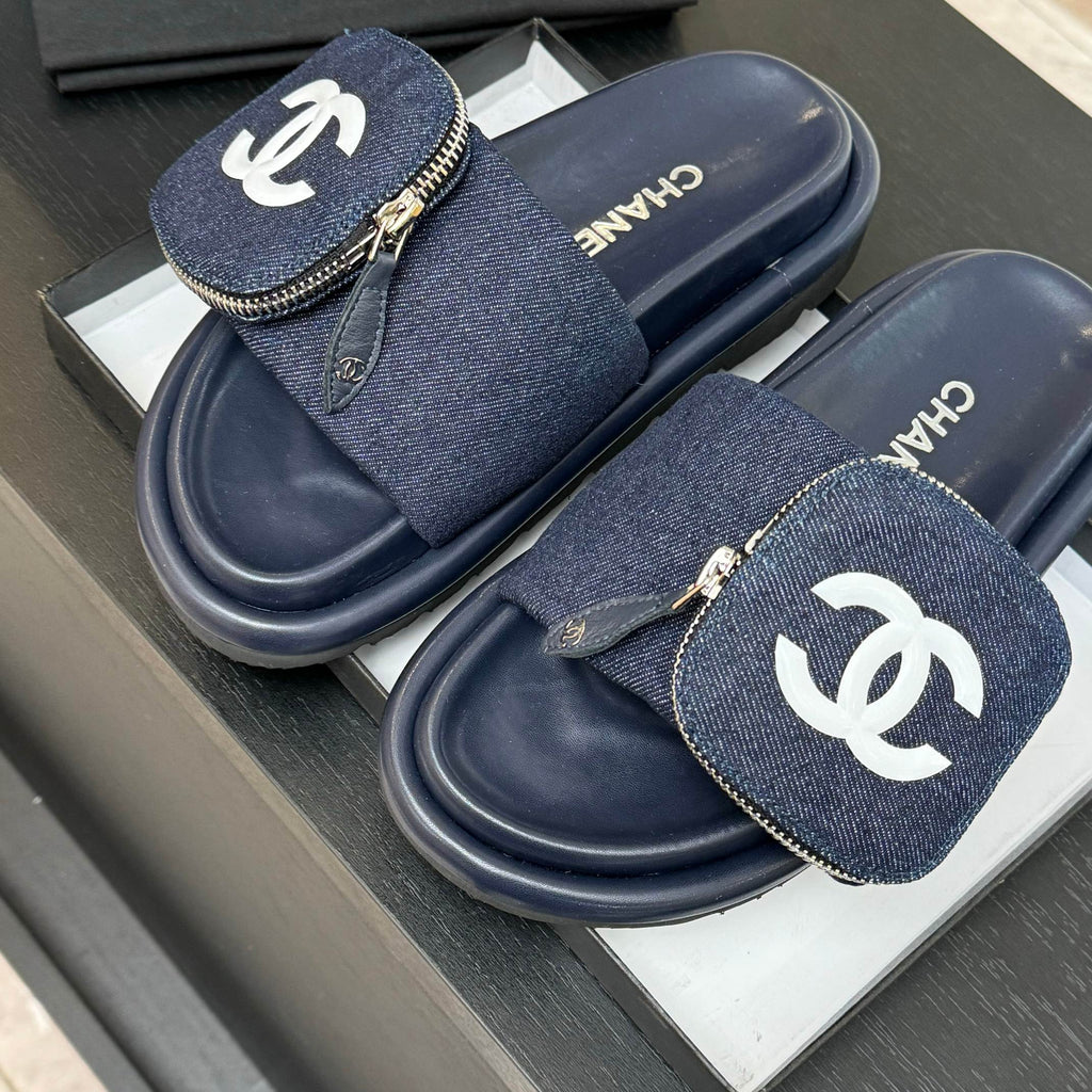 Chanel Slide in Navy Blue Denim Fabric 45 mm