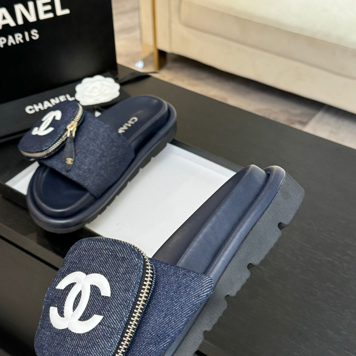 Chanel Slide in Navy Blue Denim Fabric 45 mm