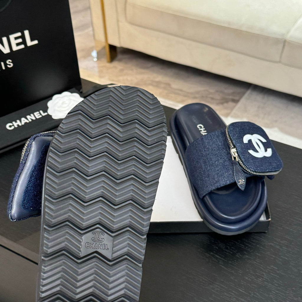 Chanel Slide in Navy Blue Denim Fabric 45 mm
