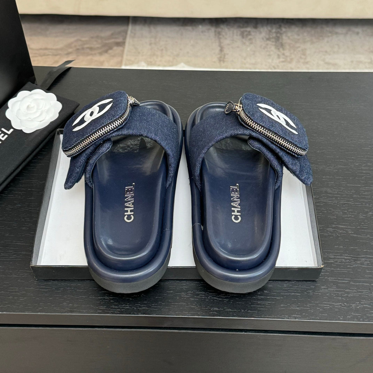 Chanel Slide in Navy Blue Denim Fabric 45 mm