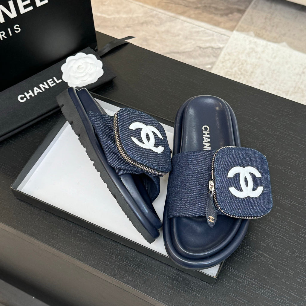 Chanel Slide in Navy Blue Denim Fabric 45 mm