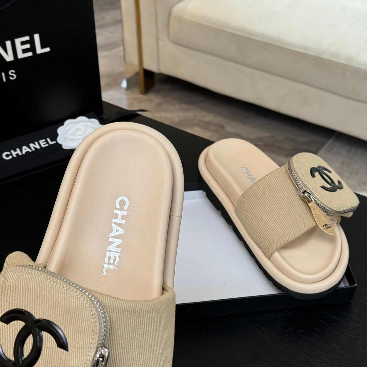 Chanel Slide in Light Yellow Denim Fabric 45 mm