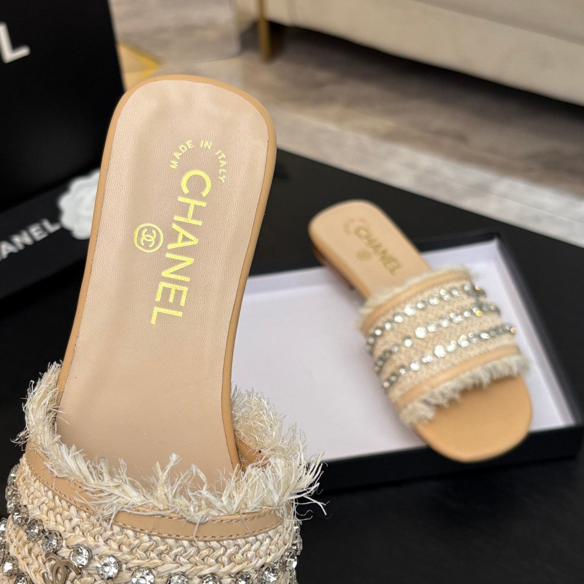 Chanel Flat Sandals Beige Mix Light Orange with Crystals