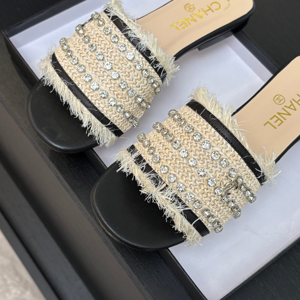 Chanel Flat Sandals Beige and Black with Crystals