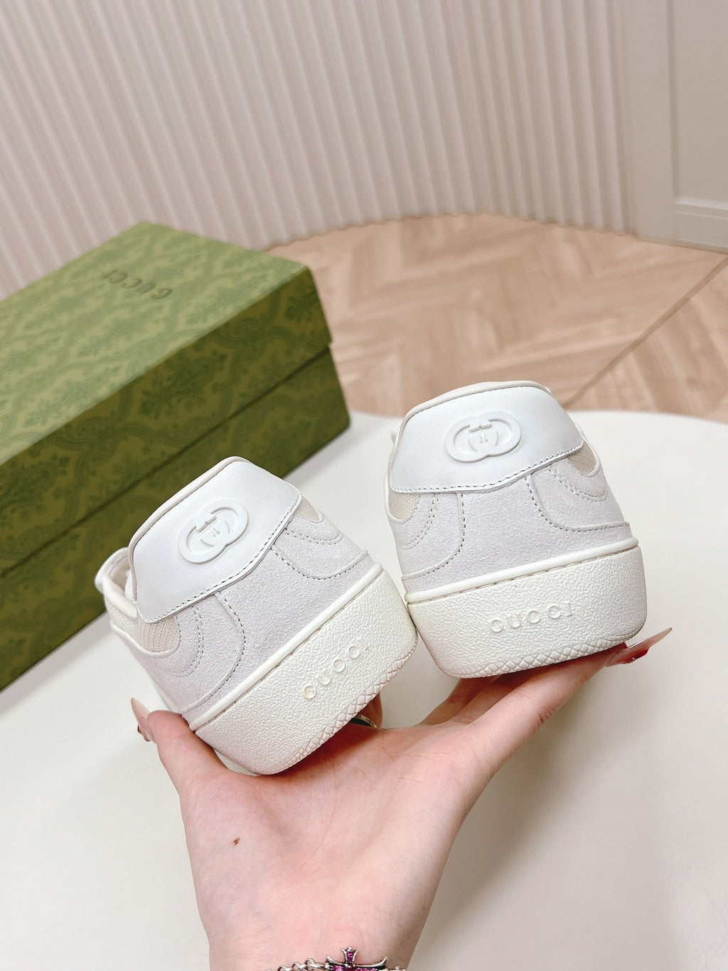 Gucci Sneaker with Interlocking G in White Suede and Mesh
