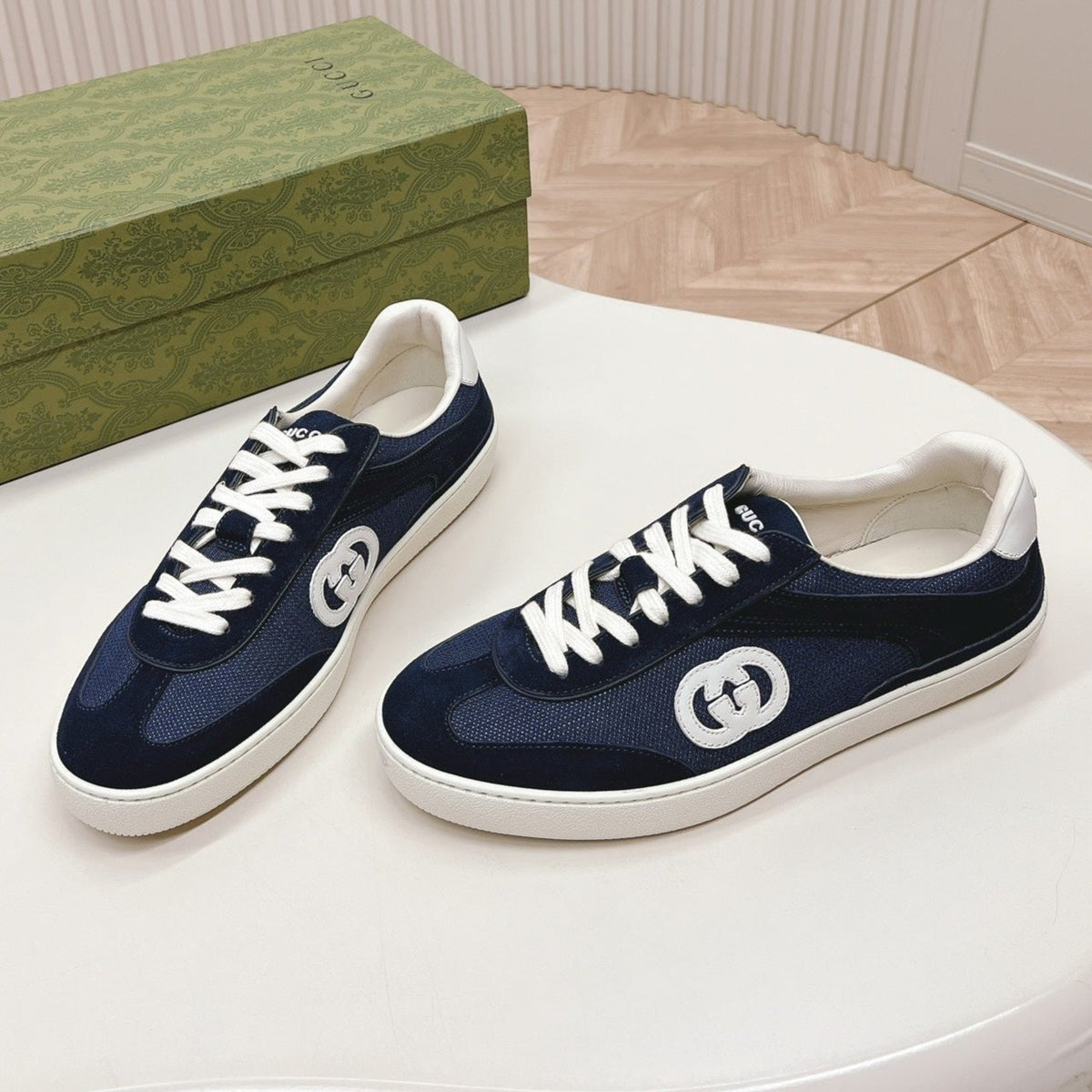 Gucci Sneaker with Interlocking G in Space Blue Suede and Mesh