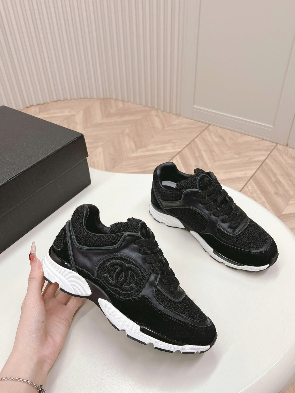 Chanel Trainers in Black Suede and Calfskin