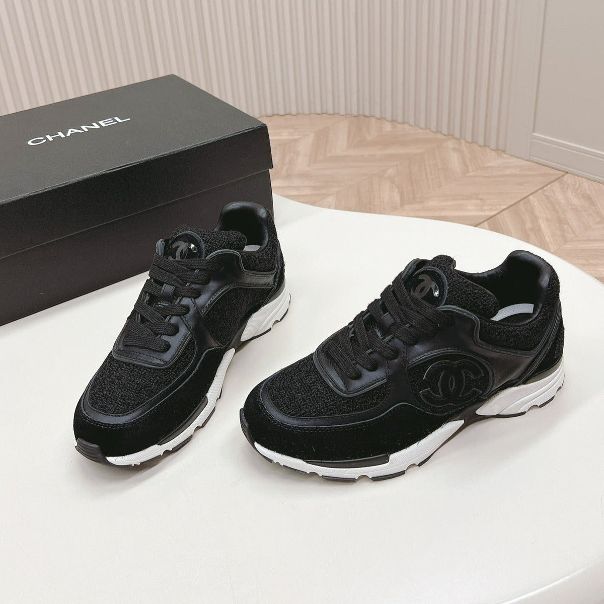 Chanel Trainers in Black Suede and Calfskin