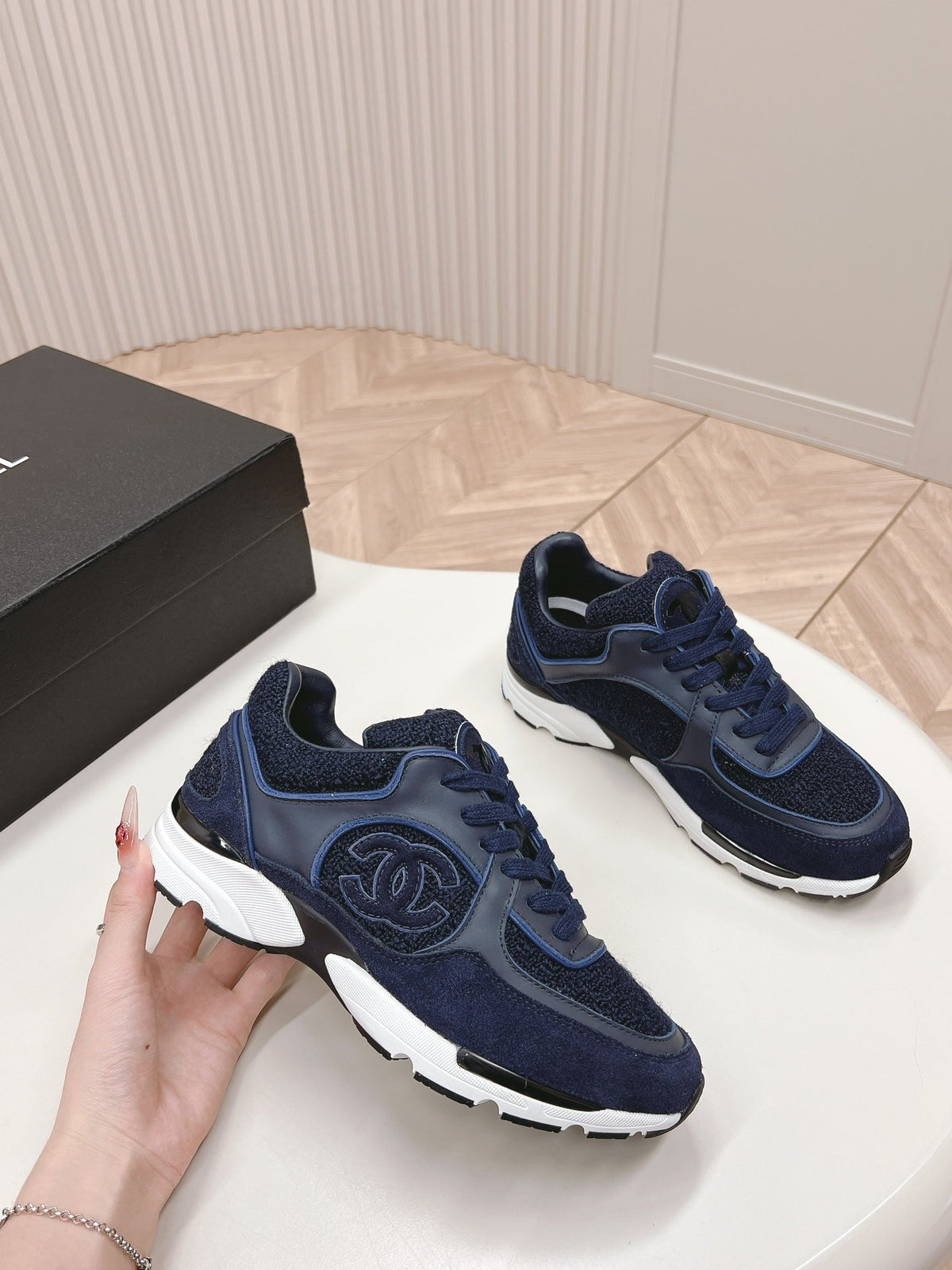 Chanel Trainers in Midnight Blue Suede and Calfskin