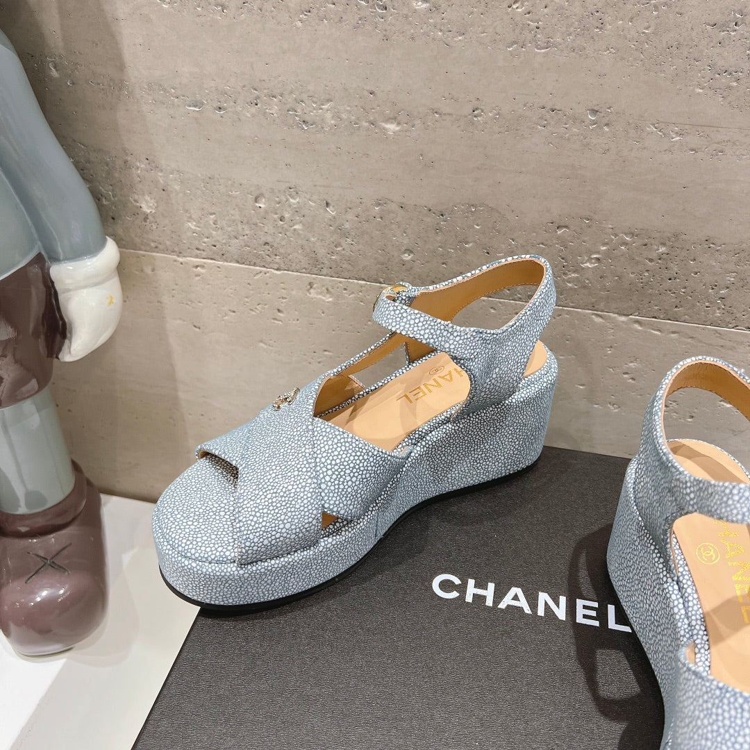 Chanel Wedge Open-Toe High Heel Sandals Saphire Blue Sheepskin