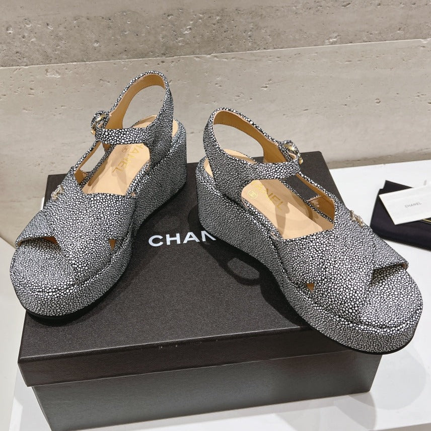 Chanel Wedge Open-Toe High Heel Sandals Slate Gray Sheepskin