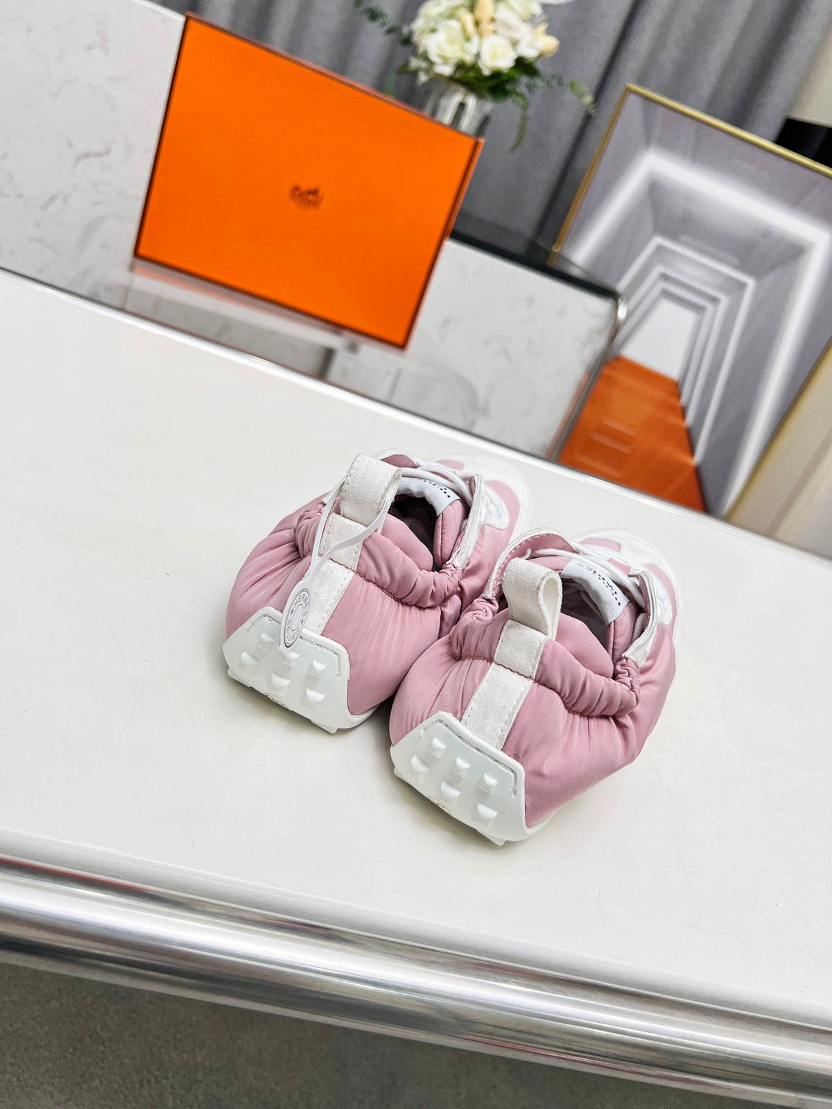 Hermes Skateboard Shoes Light Pink Mix White Suede