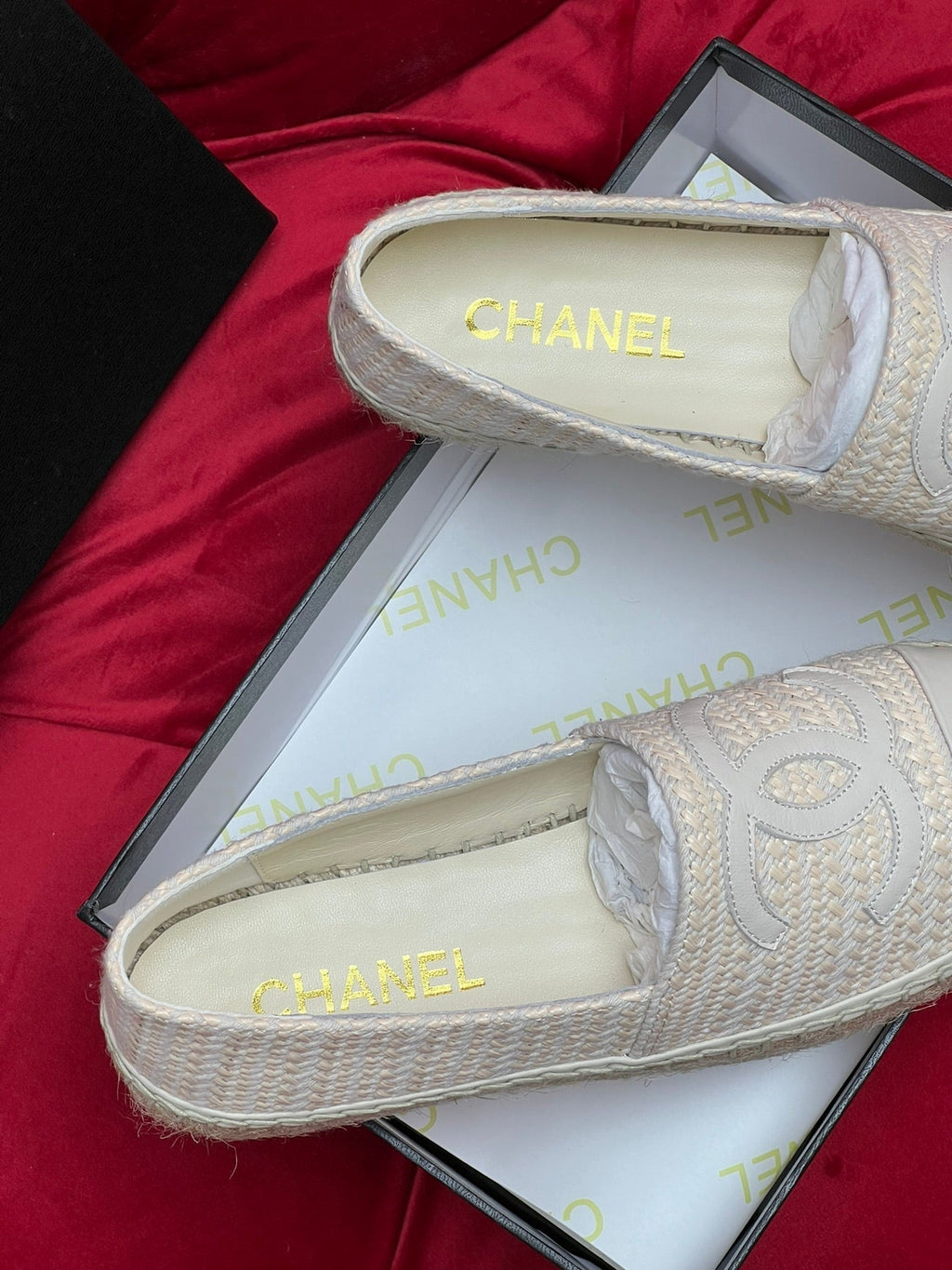 Chanel Woven Loafers in White Beige Fabric